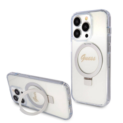 Apple iPhone 15 Pro Max Kılıf Guess Orjinal Lisanslı M-safe Şarj Özellikli Simli Arka Yüzey Ring Standlı Kapak - Görsel 3