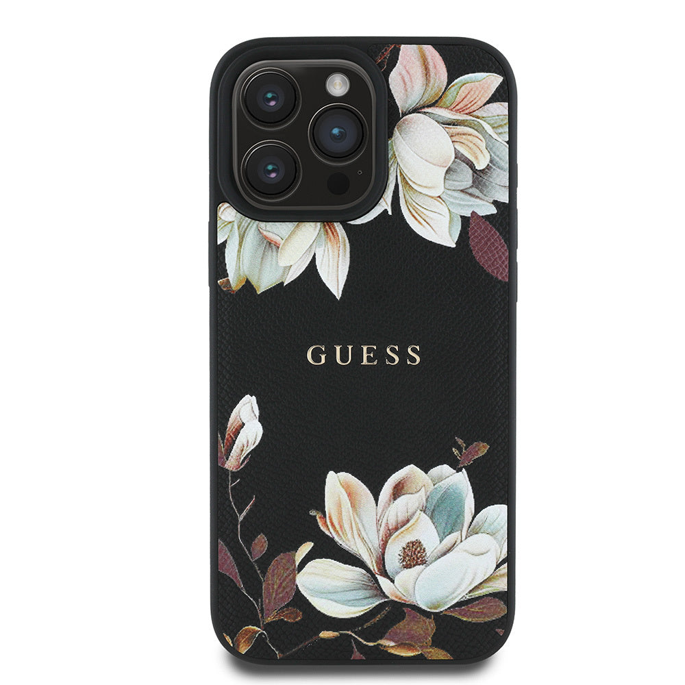 Apple iPhone 15 Pro Max Kılıf Guess Orjinal Lisanslı M-safe Şarj Özellikli Taneli Çiçek Tasarımlı Metal Yazı Logolu Kapak - Görsel 2