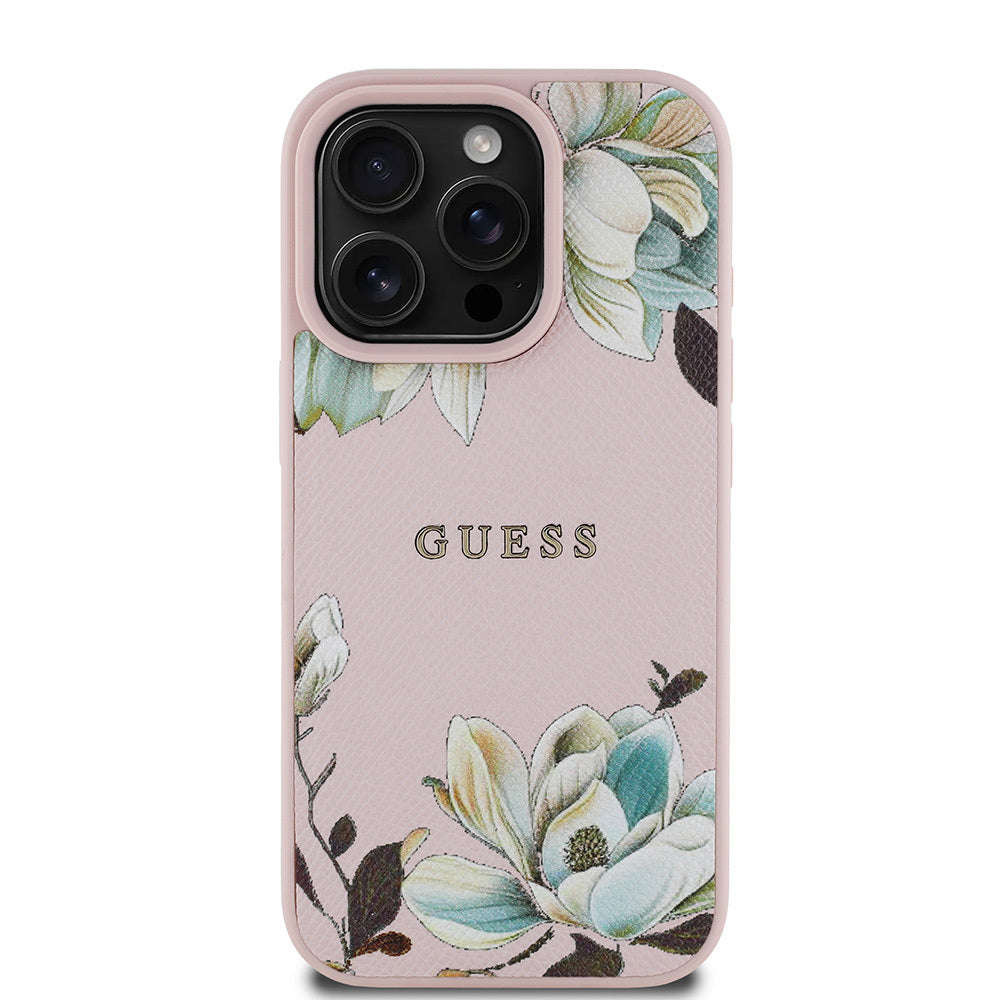 Apple iPhone 15 Pro Max Kılıf Guess Orjinal Lisanslı M-safe Şarj Özellikli Taneli Çiçek Tasarımlı Metal Yazı Logolu Kapak - Görsel 3