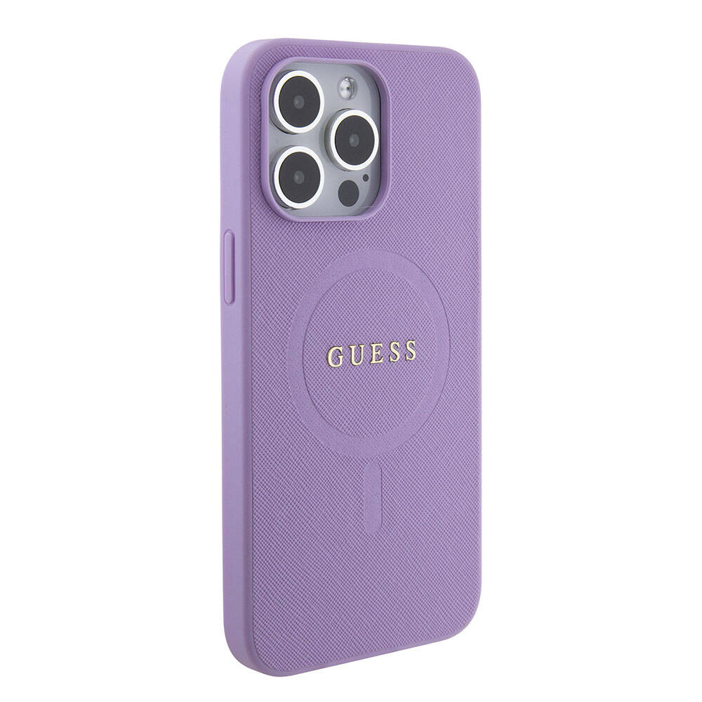 Apple iPhone 15 Pro Max Kılıf Guess Orjinal Lisanslı M-safe Şarj Özellikli Yazı Logolu Saffiano Kapak - Görsel 3