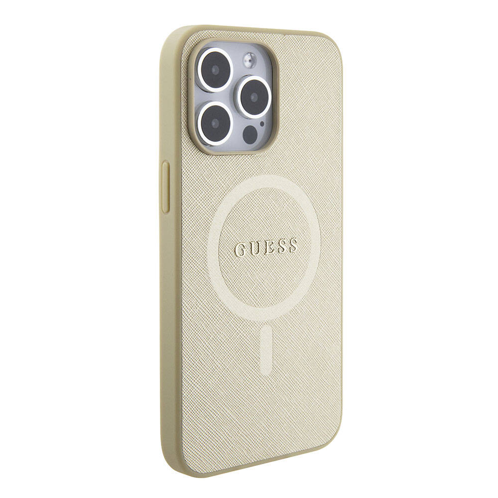 Apple iPhone 15 Pro Max Kılıf Guess Orjinal Lisanslı M-safe Şarj Özellikli Yazı Logolu Saffiano Kapak - Görsel 4