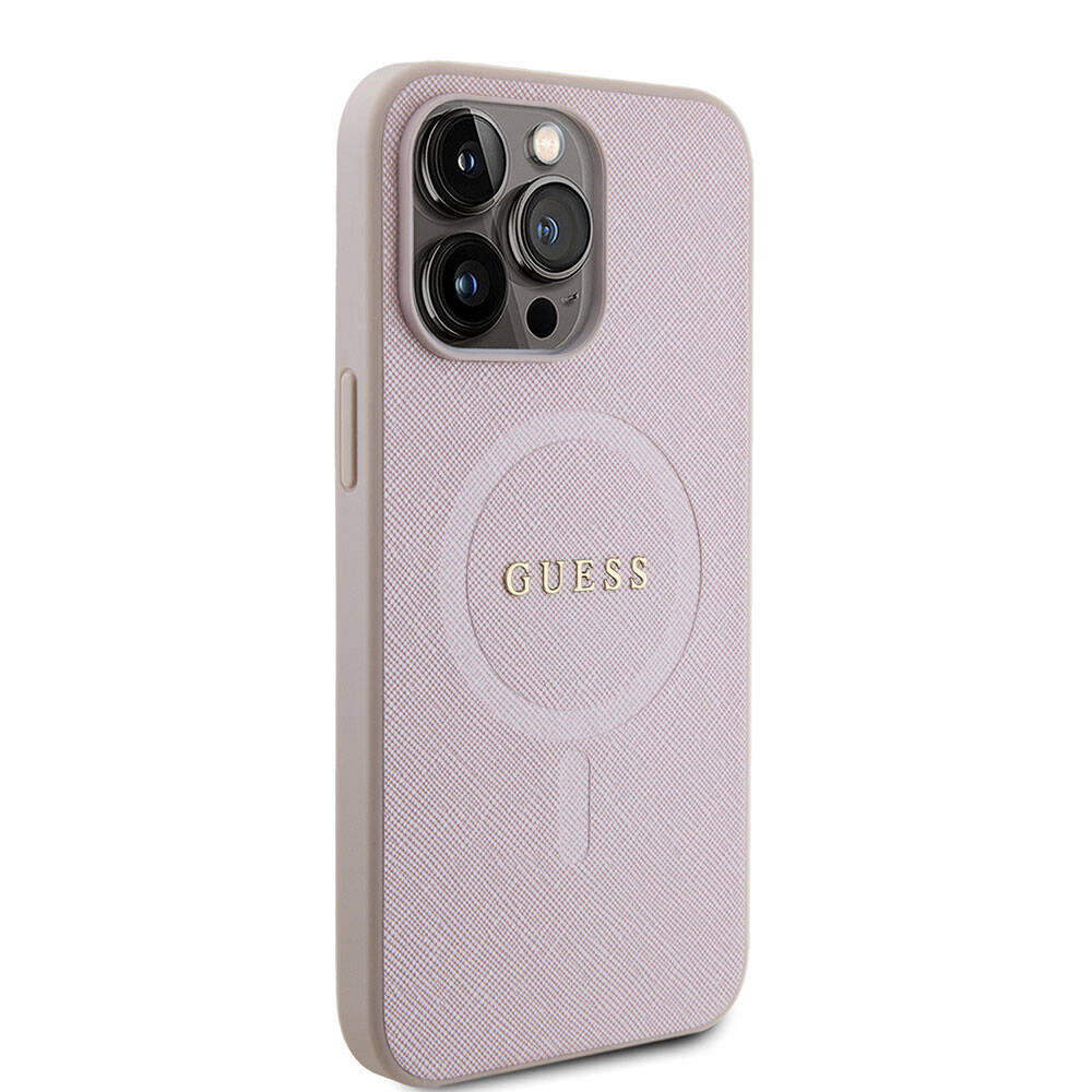 Apple iPhone 15 Pro Max Kılıf Guess Orjinal Lisanslı M-safe Şarj Özellikli Yazı Logolu Saffiano Kapak - Görsel 5