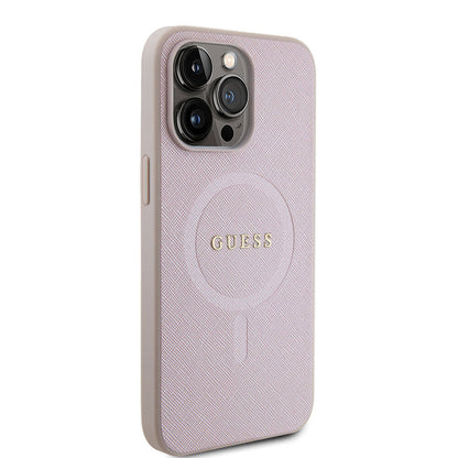 Apple iPhone 15 Pro Max Kılıf Guess Orjinal Lisanslı M-safe Şarj Özellikli Yazı Logolu Saffiano Kapak - Görsel 5