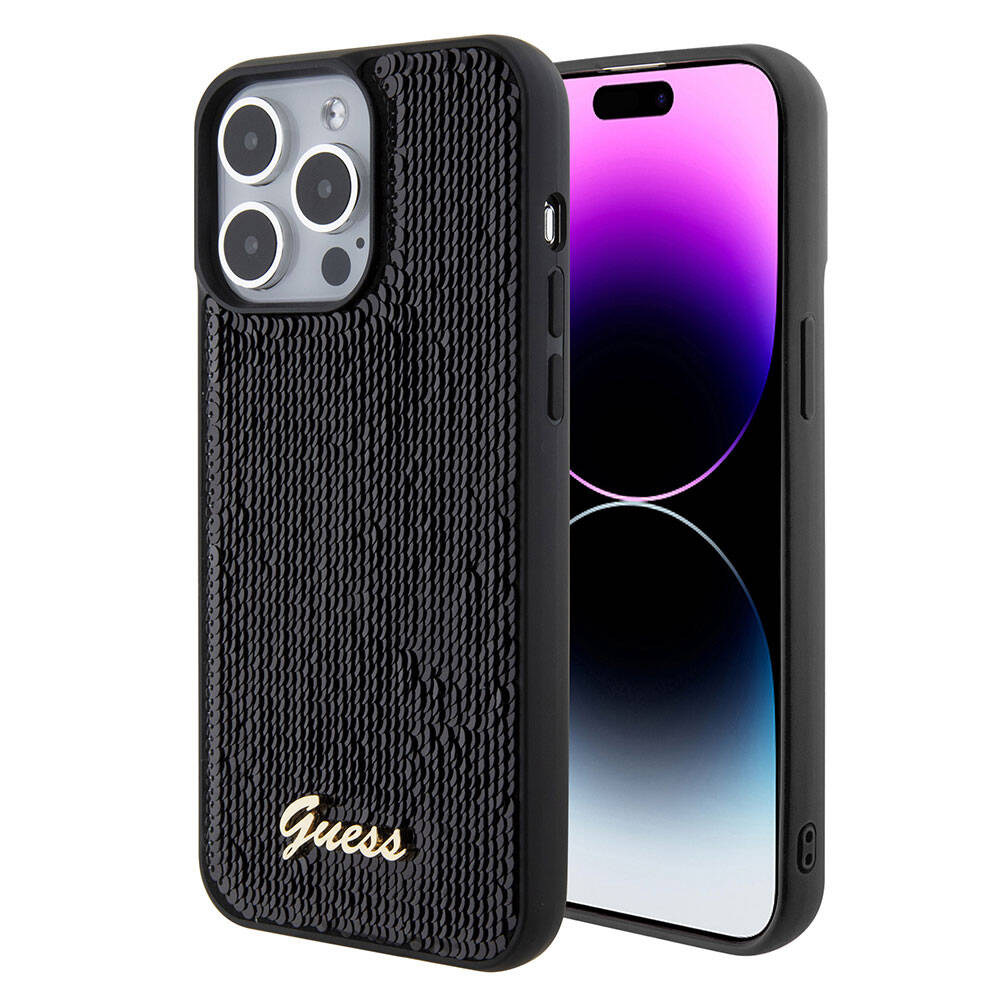 Apple iPhone 15 Pro Max Kılıf Guess Orjinal Lisanslı Pullu Arka Yüzey Metal Yazı Logolu Sequin Script Kapak - Görsel 2