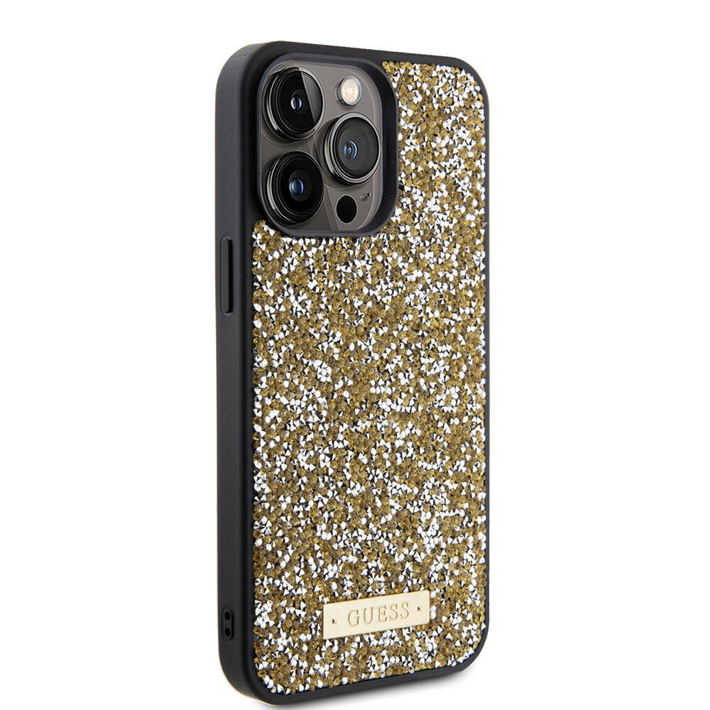 Apple iPhone 15 Pro Max Kılıf Guess Orjinal Lisanslı Taşlı Arka Yüzey Metal Yazı Logolu Kapak - Görsel 3
