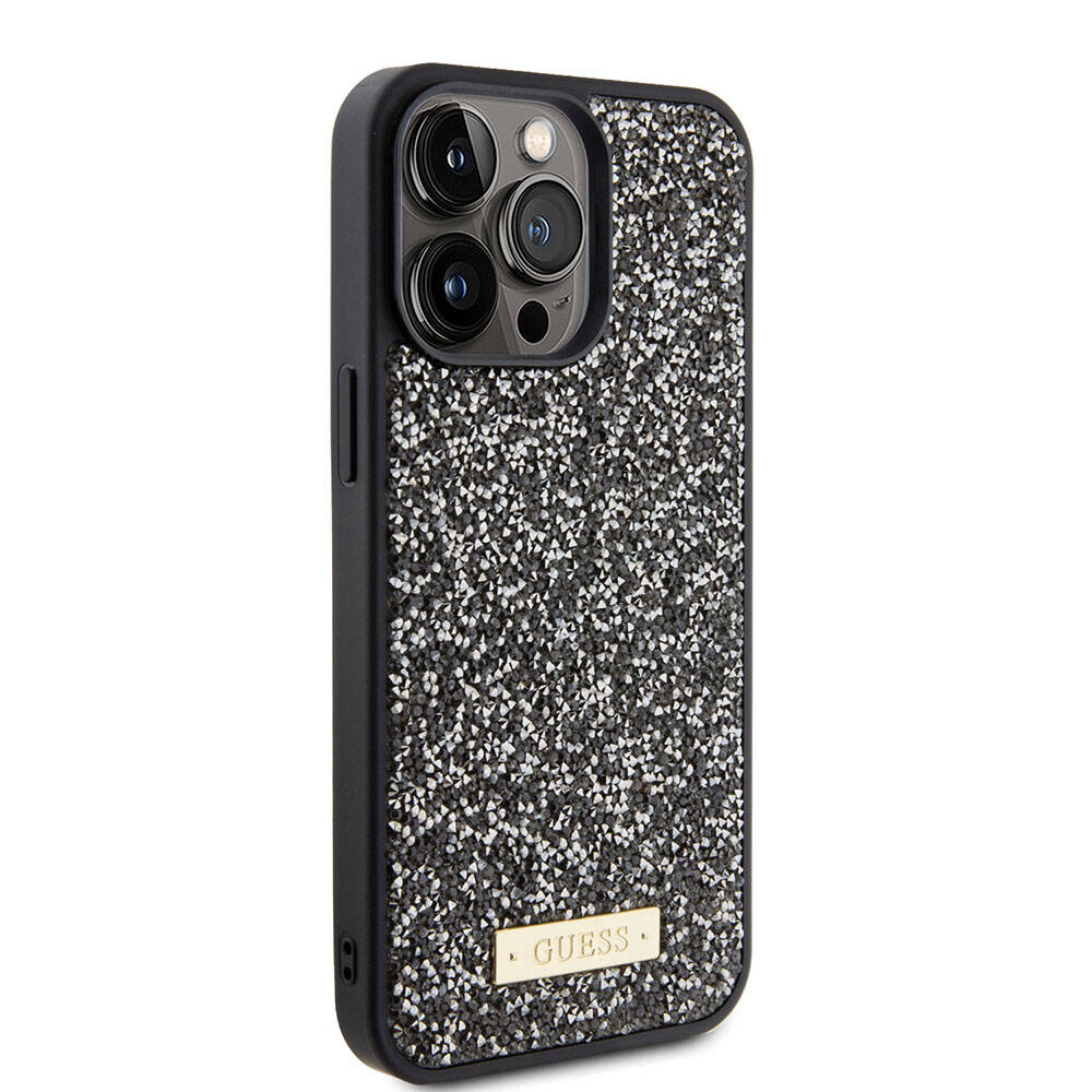 Apple iPhone 15 Pro Max Kılıf Guess Orjinal Lisanslı Taşlı Arka Yüzey Metal Yazı Logolu Kapak - Görsel 2
