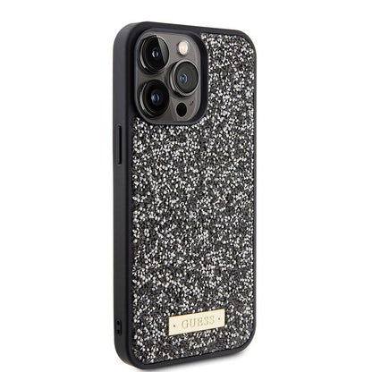 Apple iPhone 15 Pro Max Kılıf Guess Orjinal Lisanslı Taşlı Arka Yüzey Metal Yazı Logolu Kapak - Görsel 2