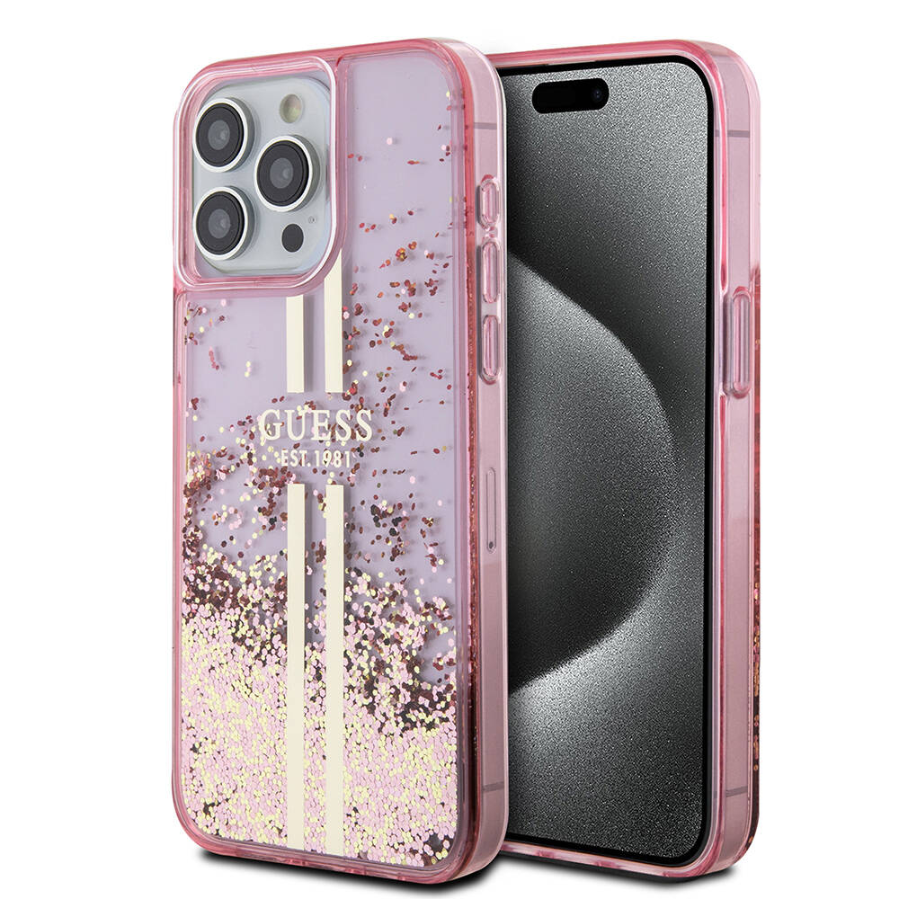 Apple iPhone 15 Pro Max Kılıf Guess Orjinal Lisanslı Transparan Sıvılı Simli Altın Çizgili Kapak - Görsel 2