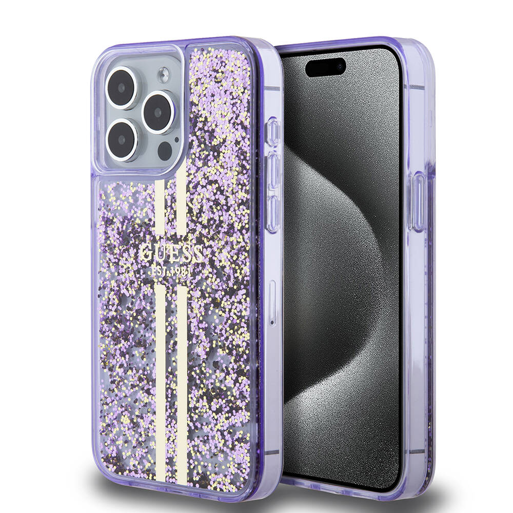 Apple iPhone 15 Pro Max Kılıf Guess Orjinal Lisanslı Transparan Sıvılı Simli Altın Çizgili Kapak - Görsel 3