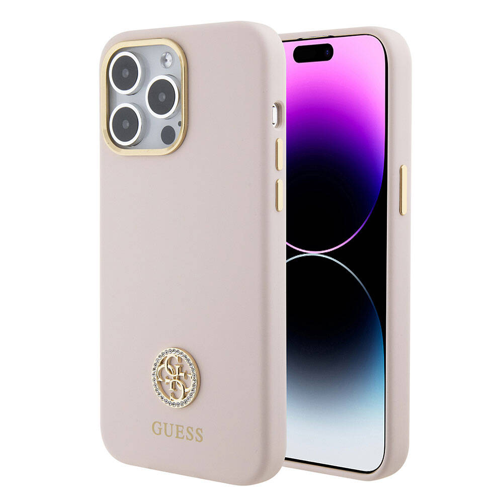 Apple iPhone 15 Pro Max Kılıf Guess Orjinal Lisanslı Yazı ve Taşlı 4G Logolu Metal Kamera Çerçeveli Silikon Kapak - Görsel 3