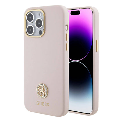 Apple iPhone 15 Pro Max Kılıf Guess Orjinal Lisanslı Yazı ve Taşlı 4G Logolu Metal Kamera Çerçeveli Silikon Kapak - Görsel 3