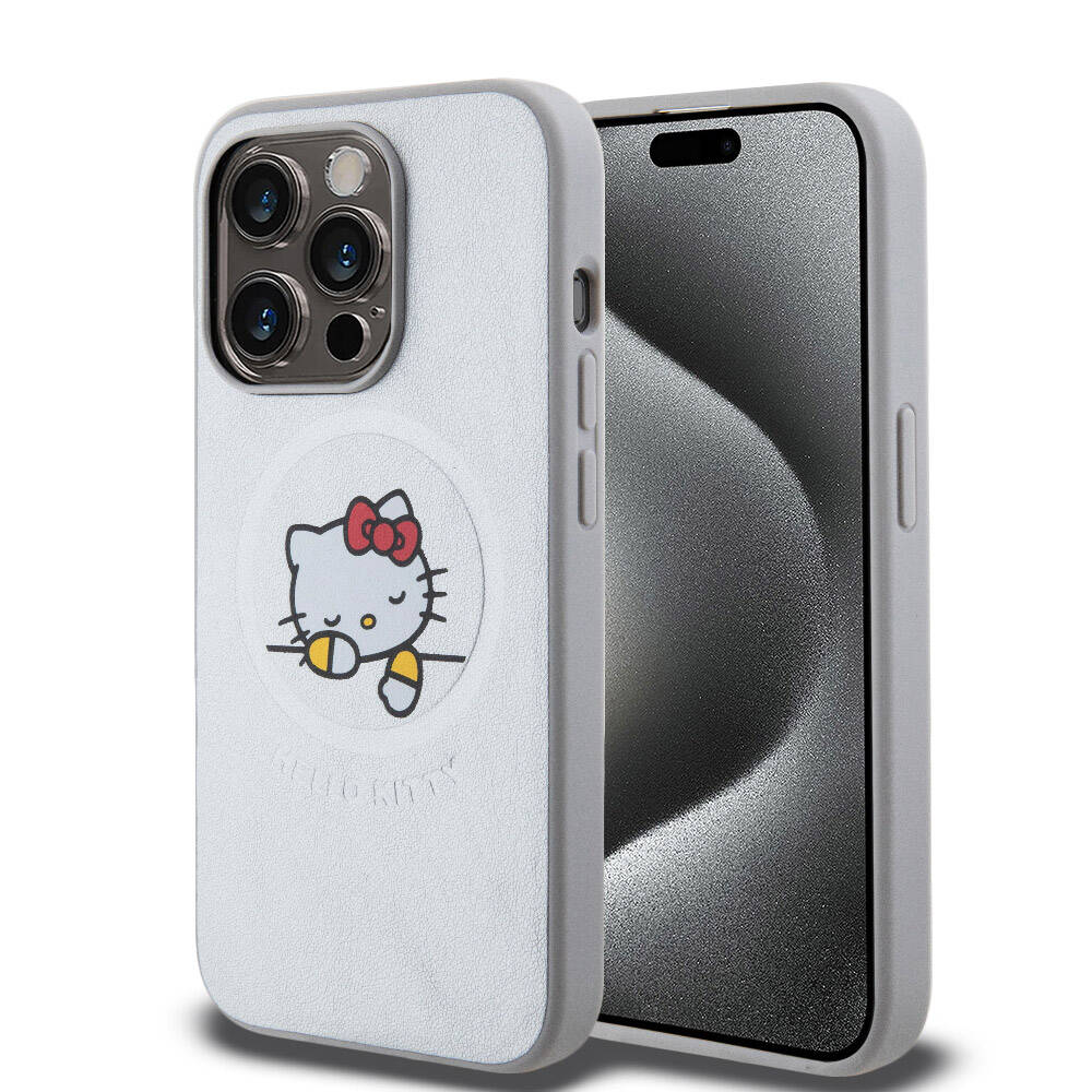 Apple iPhone 15 Pro Max Kılıf Hello Kitty Orjinal Lisanslı M-safe Şarj Özellikli Baskı Logolu Uyuyan Kitty Deri Kapak - Görsel 2