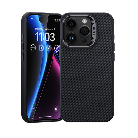 Apple iPhone 15 Pro Max Kılıf Karbon Fiber M-safe Şarj Özellikli Benks Hybrid ArmorPro 600D Kevlar Kapak