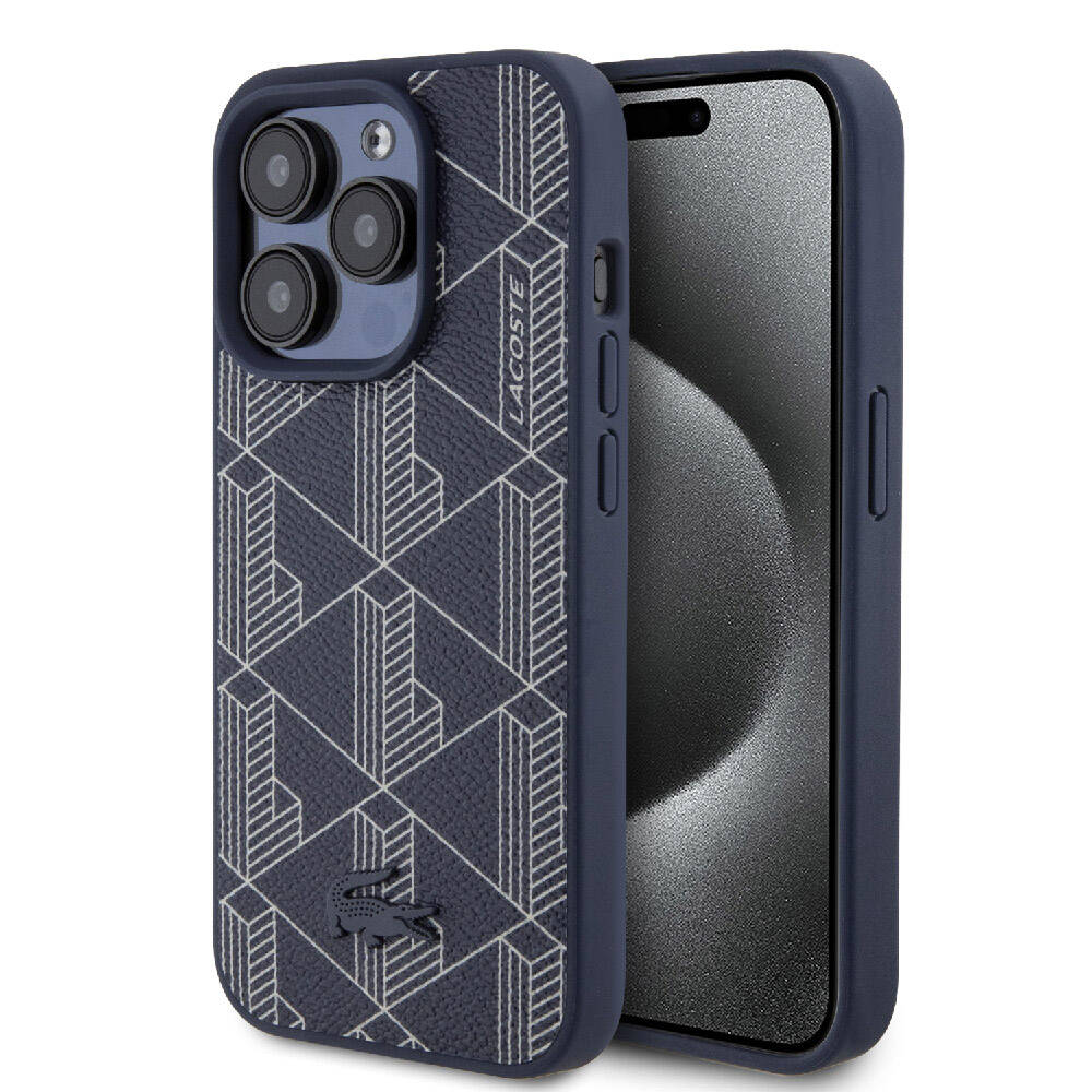 Apple iPhone 15 Pro Max Kılıf Lacoste Orjinal Lisanslı M-safe Şarj Özellikli PU Deri Görünümlü Karışık Monogram Desenli Kapak