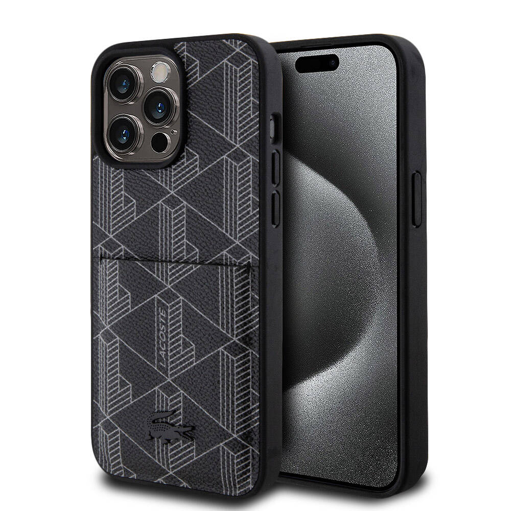 Apple iPhone 15 Pro Max Kılıf Lacoste Orjinal Lisanslı M-safe Şarj Özellikli PU Deri Görünümlü Kartlıklı Karışık Monogram Desenli Kapak - Görsel 3