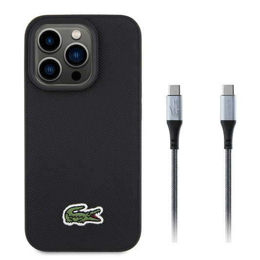Apple iPhone 15 Pro Max Kılıf Lacoste Orjinal Lisanslı PU Pike Desenli Arka Yüzey İkonik Timsah Dokuma Logolu Kapak + Type-C Kablo 1.5m