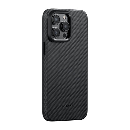 Apple iPhone 15 Pro Max Kılıf M-safe Şarj Özellikli 1500D Aramid Fiber Pitaka Military-Grade Classic Serisi Black-Grey Twill Kapak
