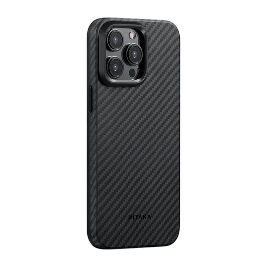 Apple iPhone 15 Pro Max Kılıf M-safe Şarj Özellikli 1500D Aramid Fiber Pitaka Military-Grade Classic Serisi Black-Grey Twill Kapak