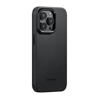 Apple iPhone 15 Pro Max Kılıf M-safe Şarj Özellikli 600D Aramid Fiber Pitaka Military-Grade Classic Serisi Black-Grey Twill Kapak - Görsel 2