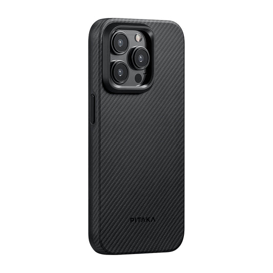 Apple iPhone 15 Pro Max Kılıf M-safe Şarj Özellikli 600D Aramid Fiber Pitaka Military-Grade Classic Serisi Black-Grey Twill Kapak