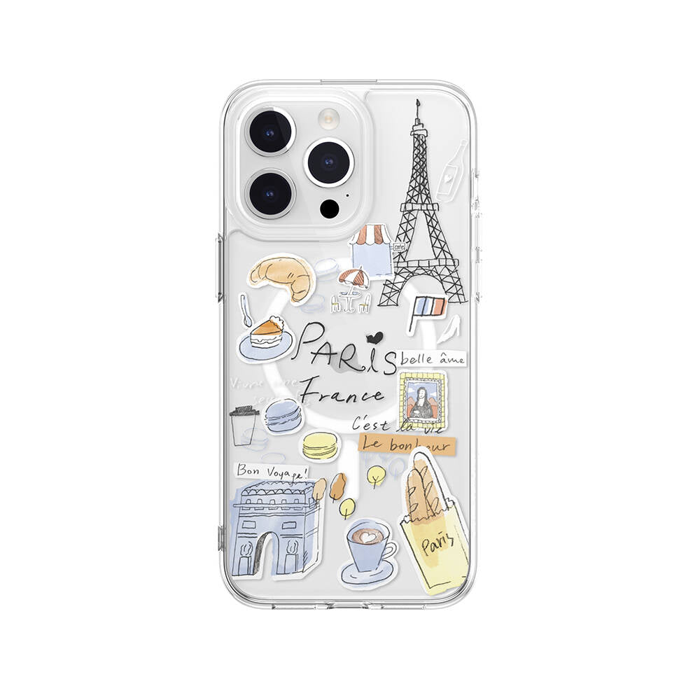 Apple iPhone 15 Pro Max Kılıf M-safe Şarj Özellikli Çizim Desenli Şok Önleyicili Şeffaf Lisanslı Switcheasy City-M Paris Kapak - Görsel 2