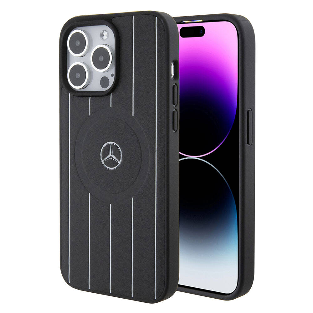 Apple iPhone 15 Pro Max Kılıf Mercedes Benz Orjinal Lisanslı M-safe Şarj Özellikli Baskı Logolu Paralel Çizgi Desenli Deri Kapak - Görsel 2