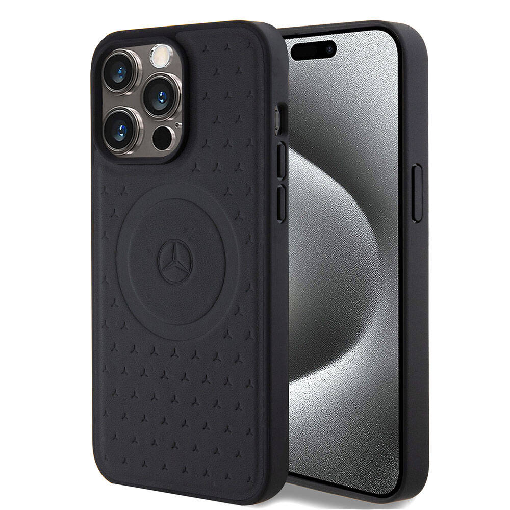 Apple iPhone 15 Pro Max Kılıf Mercedes Benz Orjinal Lisanslı M-safe Şarj Özellikli Mühürlü Yıldız Desenli ve Logolu Deri Kapak - Görsel 3