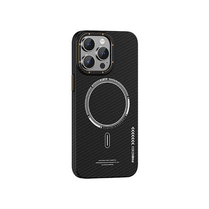 Apple iPhone 15 Pro Max Kılıf Recci Machinist Serisi M-safe Şarj Özellikli Magnetik Karbon Kapak