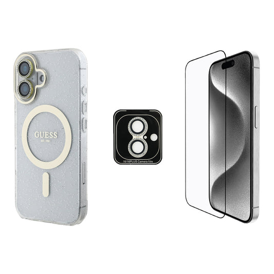 Apple iPhone 16 Guess Orjinal Lisanslı 3'lü Aksesuar Seti IML Baskılı Simli Glitter Kılıf + Ekran Koruyucu + Lens Koruyucu