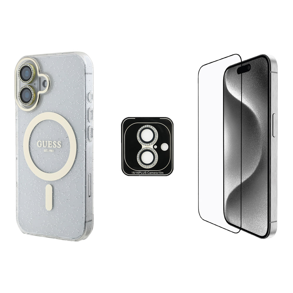 Apple iPhone 16 Guess Orjinal Lisanslı 3'lü Aksesuar Seti IML Baskılı Simli Glitter Kılıf + Ekran Koruyucu + Lens Koruyucu - Görsel 2