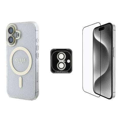 Apple iPhone 16 Guess Orjinal Lisanslı 3'lü Aksesuar Seti IML Baskılı Simli Glitter Kılıf + Ekran Koruyucu + Lens Koruyucu - Görsel 2