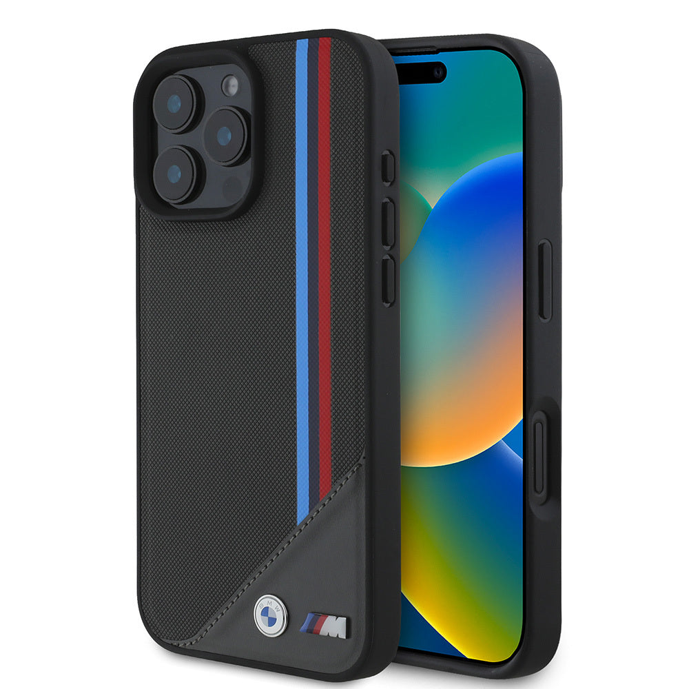 Apple iPhone 16 Kılıf BMW Orjinal Lisanslı M-safe Şarj Özellikli M Logolu Üç Çizgili Dikiş Detaylı Meshed Tricolor Stripes Kapak