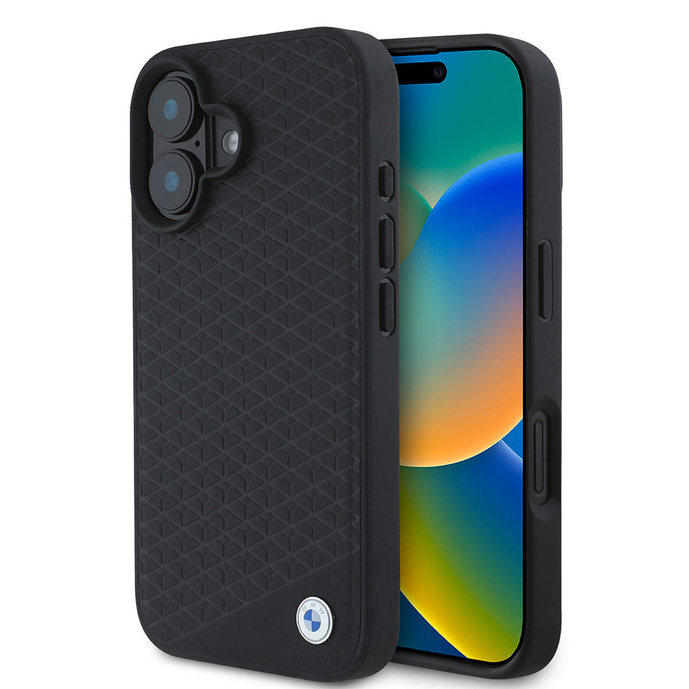 Apple iPhone 16 Kılıf BMW Orjinal Lisanslı M-safe Şarj Özellikli Metal Logolu Dokulu Diamond Deri Kapak