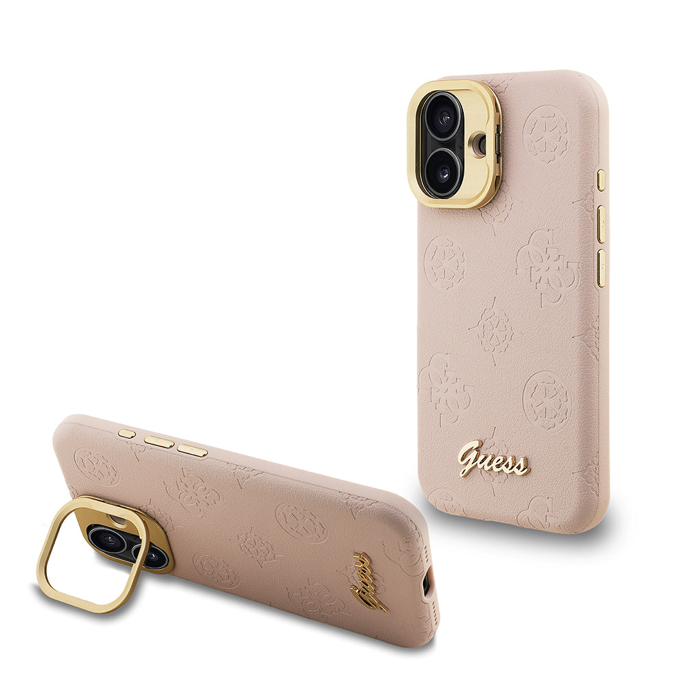 Apple iPhone 16 Kılıf Guess Orjinal Lisanslı M-safe Şarj Özellikli Sıcak Baskılı Yazı Logolu Kamera Standlı PU Deri Peony Kapak - Görsel 4