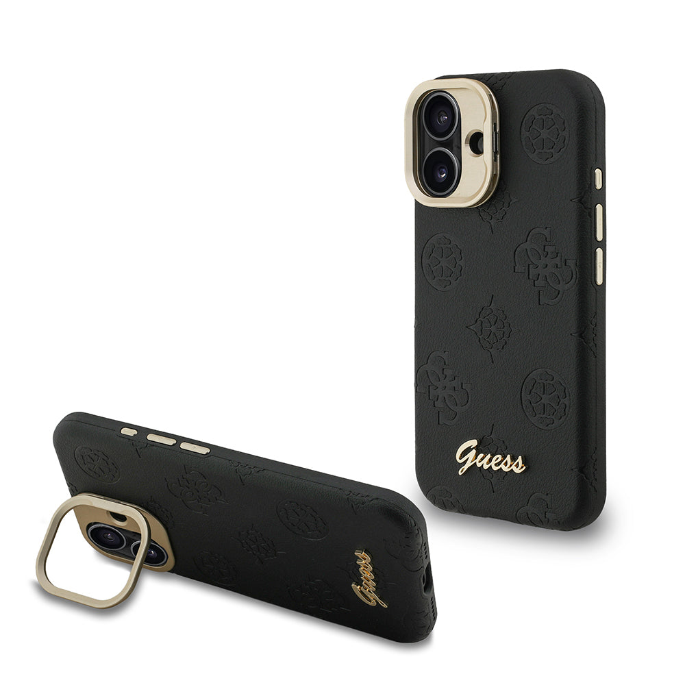 Apple iPhone 16 Kılıf Guess Orjinal Lisanslı M-safe Şarj Özellikli Sıcak Baskılı Yazı Logolu Kamera Standlı PU Deri Peony Kapak - Görsel 2