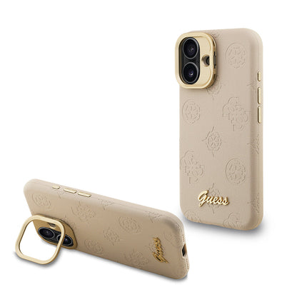 Apple iPhone 16 Kılıf Guess Orjinal Lisanslı M-safe Şarj Özellikli Sıcak Baskılı Yazı Logolu Kamera Standlı PU Deri Peony Kapak - Görsel 3