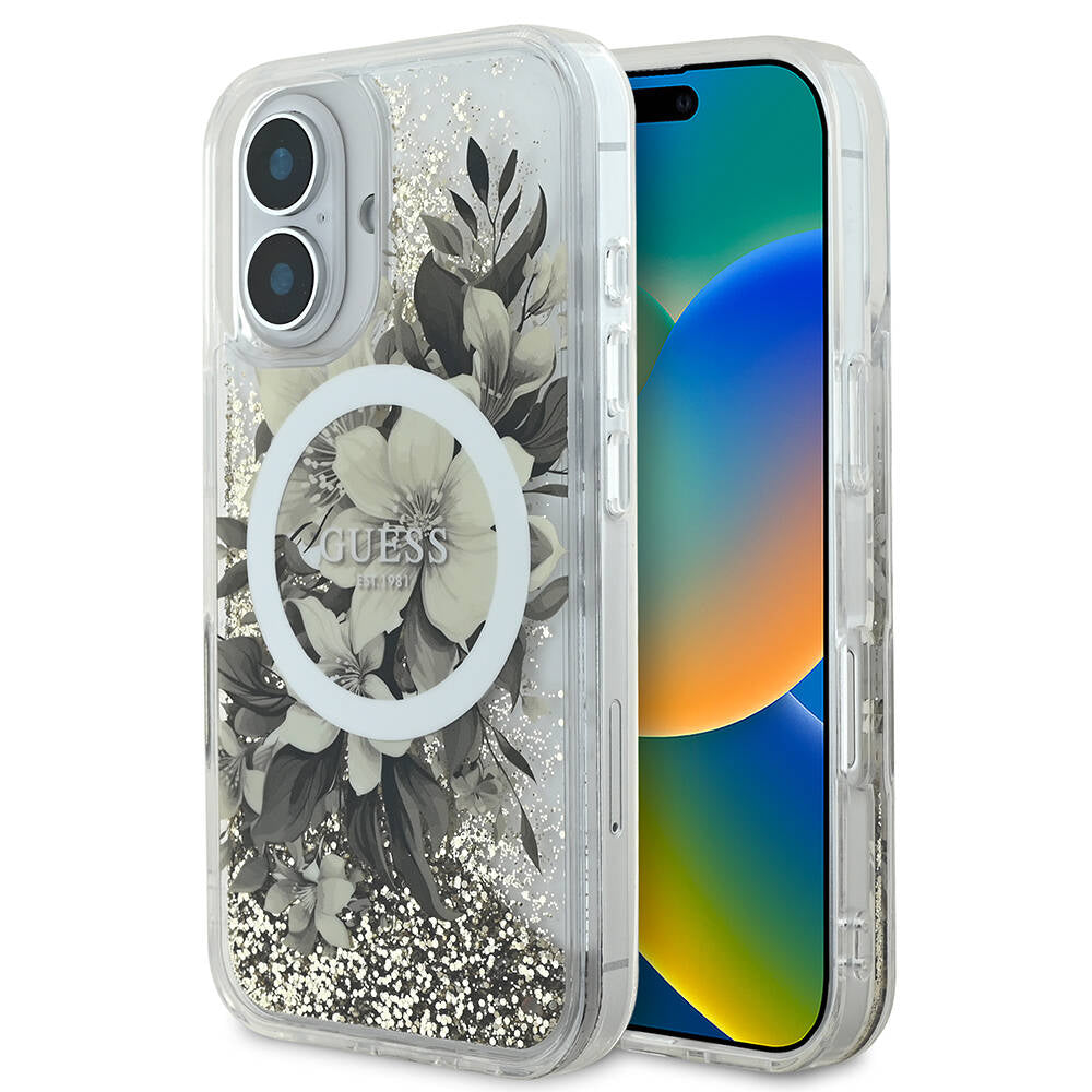 Apple iPhone 16 Kılıf Guess Orjinal Lisanslı M-safe Şarj Özellikli Sıvılı Simli Çiçek Desenli Kapak - Görsel 3