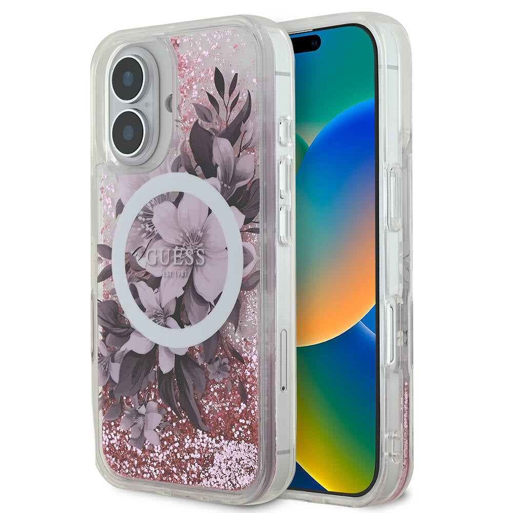 Apple iPhone 16 Kılıf Guess Orjinal Lisanslı M-safe Şarj Özellikli Sıvılı Simli Çiçek Desenli Kapak - Görsel 2