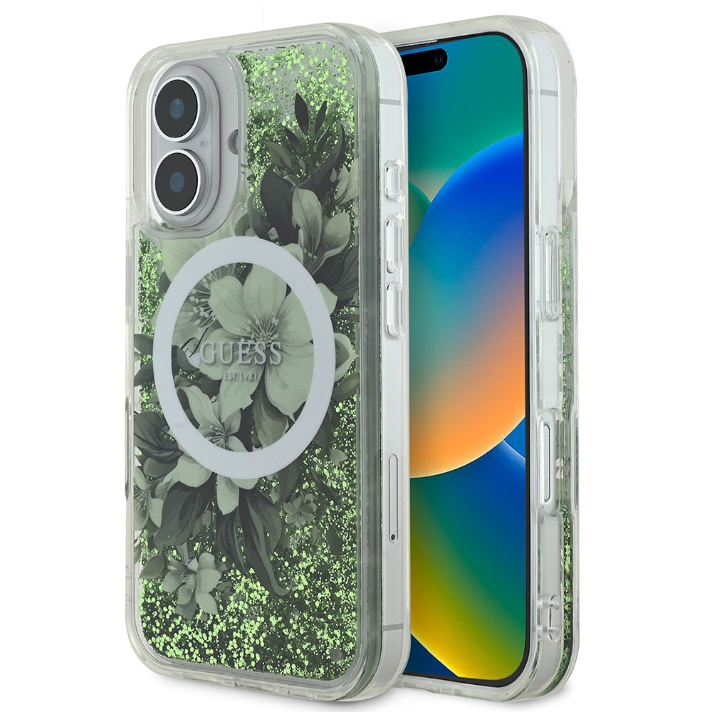 Apple iPhone 16 Kılıf Guess Orjinal Lisanslı M-safe Şarj Özellikli Sıvılı Simli Çiçek Desenli Kapak - Görsel 4