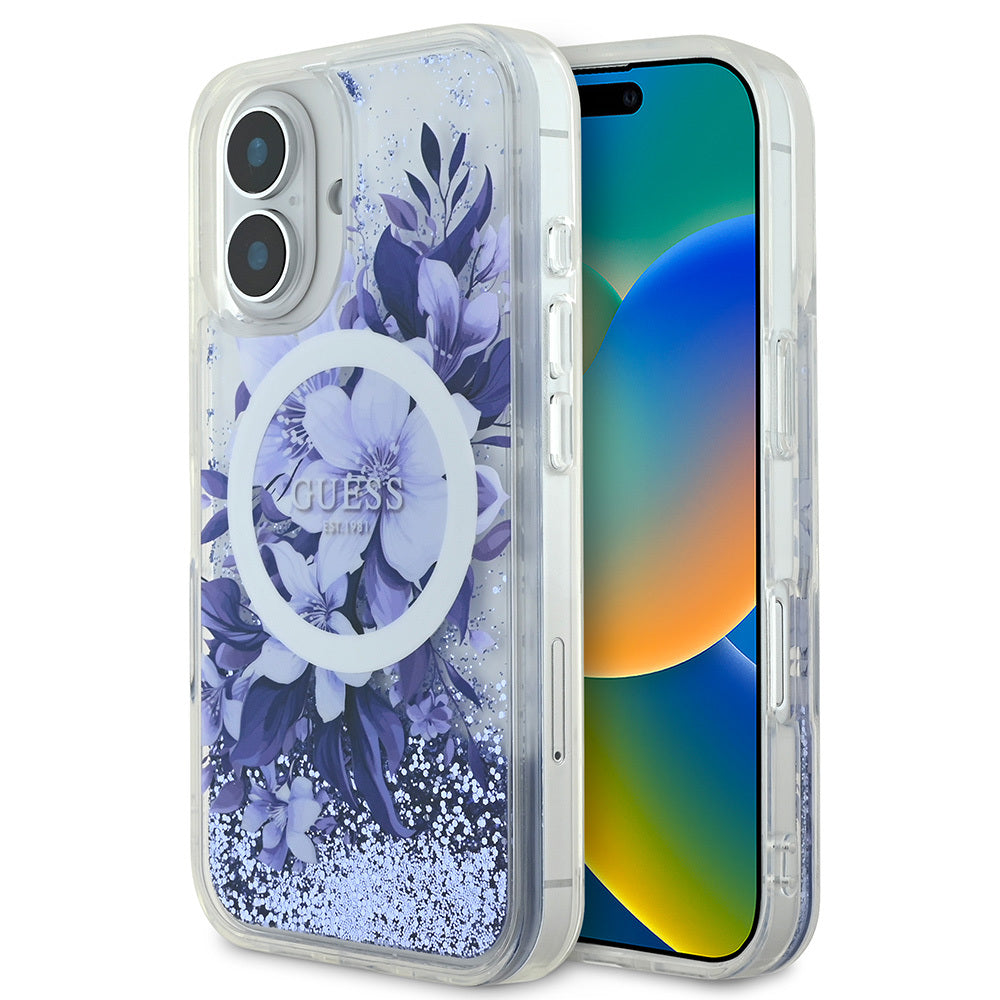 Apple iPhone 16 Kılıf Guess Orjinal Lisanslı M-safe Şarj Özellikli Sıvılı Simli Çiçek Desenli Kapak - Görsel 5
