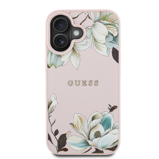 Apple iPhone 16 Kılıf Guess Orjinal Lisanslı M-safe Şarj Özellikli Taneli Çiçek Tasarımlı Metal Yazı Logolu Kapak