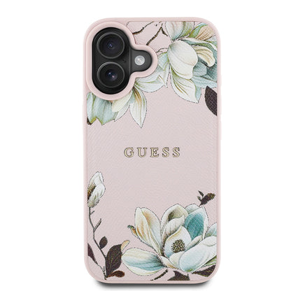 Apple iPhone 16 Kılıf Guess Orjinal Lisanslı M-safe Şarj Özellikli Taneli Çiçek Tasarımlı Metal Yazı Logolu Kapak - Görsel 3