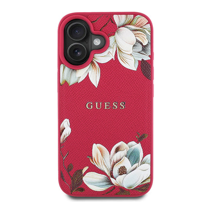 Apple iPhone 16 Kılıf Guess Orjinal Lisanslı M-safe Şarj Özellikli Taneli Çiçek Tasarımlı Metal Yazı Logolu Kapak - Görsel 4
