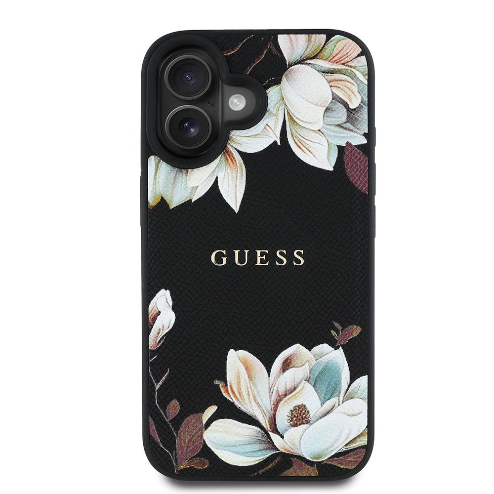 Apple iPhone 16 Kılıf Guess Orjinal Lisanslı M-safe Şarj Özellikli Taneli Çiçek Tasarımlı Metal Yazı Logolu Kapak - Görsel 2