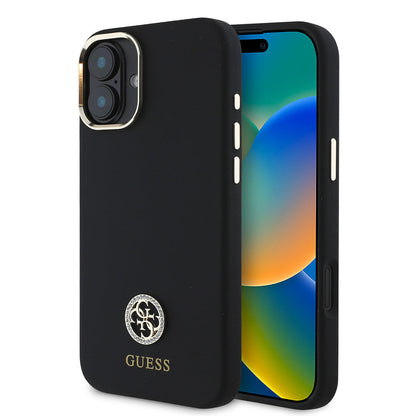 Apple iPhone 16 Kılıf Guess Orjinal Lisanslı Yazı ve Taşlı 4G Logolu Metal Kamera Çerçeveli Silikon Kapak - Görsel 2