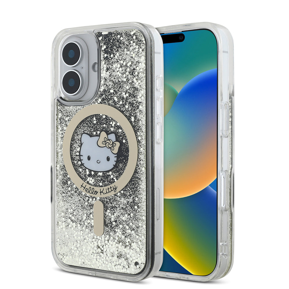 Apple iPhone 16 Kılıf Hello Kitty Orjinal Lisanslı M-safe Şarj Özellikli IML Baskı Kitty Head Logolu Sıvılı Simli Altın Ateşi Kapak - Görsel 2