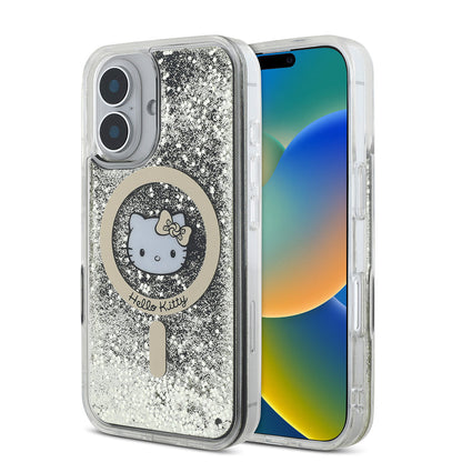 Apple iPhone 16 Kılıf Hello Kitty Orjinal Lisanslı M-safe Şarj Özellikli IML Baskı Kitty Head Logolu Sıvılı Simli Altın Ateşi Kapak - Görsel 2