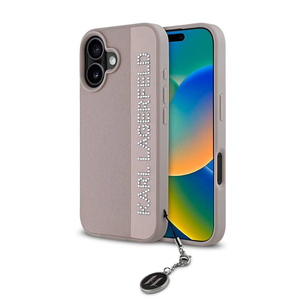 Apple iPhone 16 Kılıf Karl Lagerfeld Orjinal Lisanslı Anahtarlıklı Taşlı KL Yazılı Saffiano Rhinestones Kapak - Görsel 3