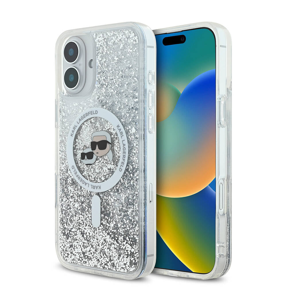 Apple iPhone 16 Kılıf Karl Lagerfeld Orjinal Lisanslı M-safe Şarj Özellikli Sıvılı Simli K&C Heads Kapak - Görsel 2