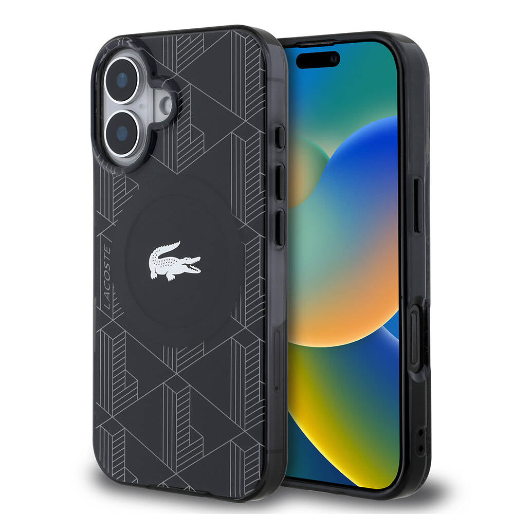 Apple iPhone 16 Kılıf Lacoste Orjinal Lisanslı M-safe Şarj Özellikli IML Baskılı Gümüş Timsah Logolu Monogram Kapak - Görsel 2
